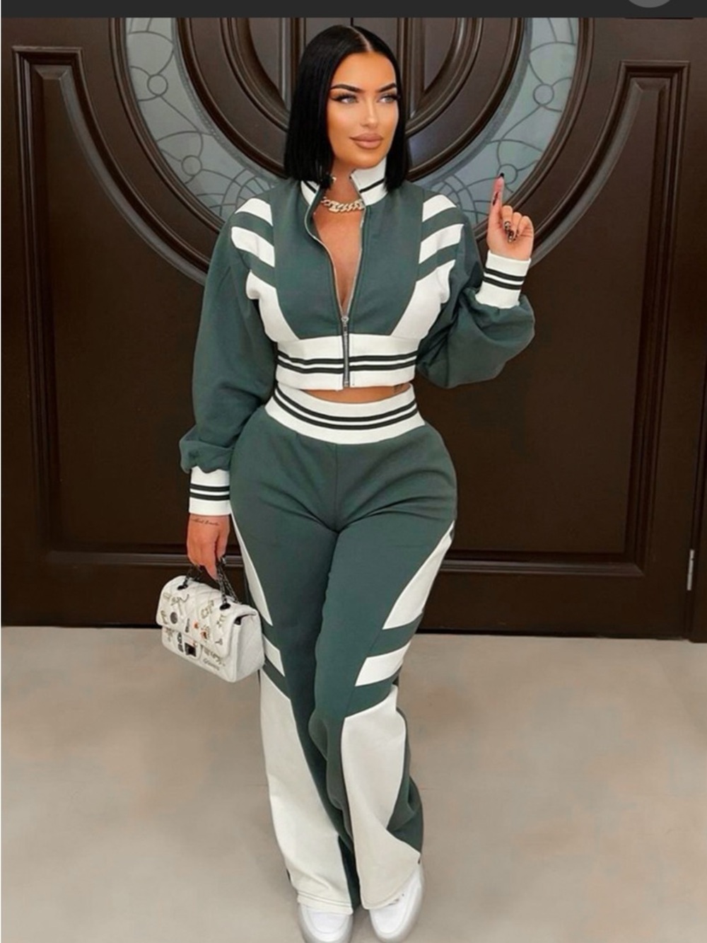 RAGA Two-Tone Cropped Track Jacket & High-Waist Joggers - Dark Green/White